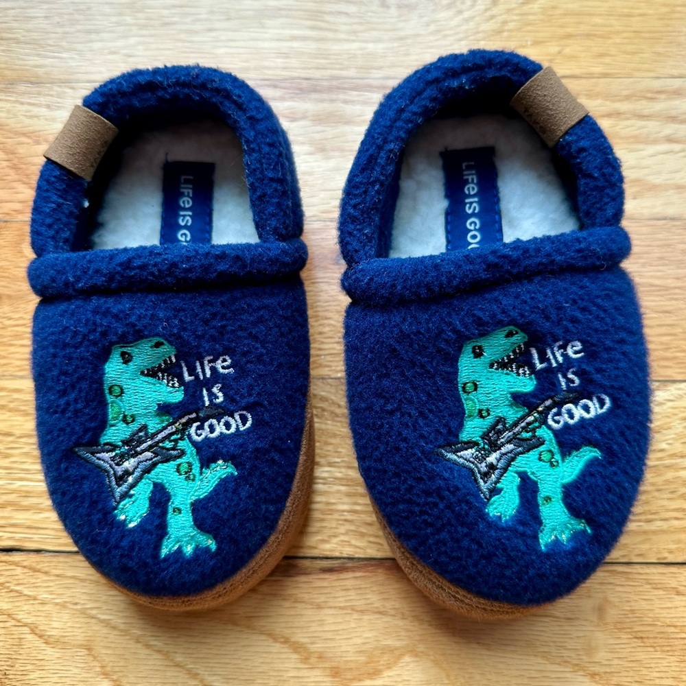Life Is Good Dinosaur with Guitar Blue Slippers - Kid Size: 7/8 M
